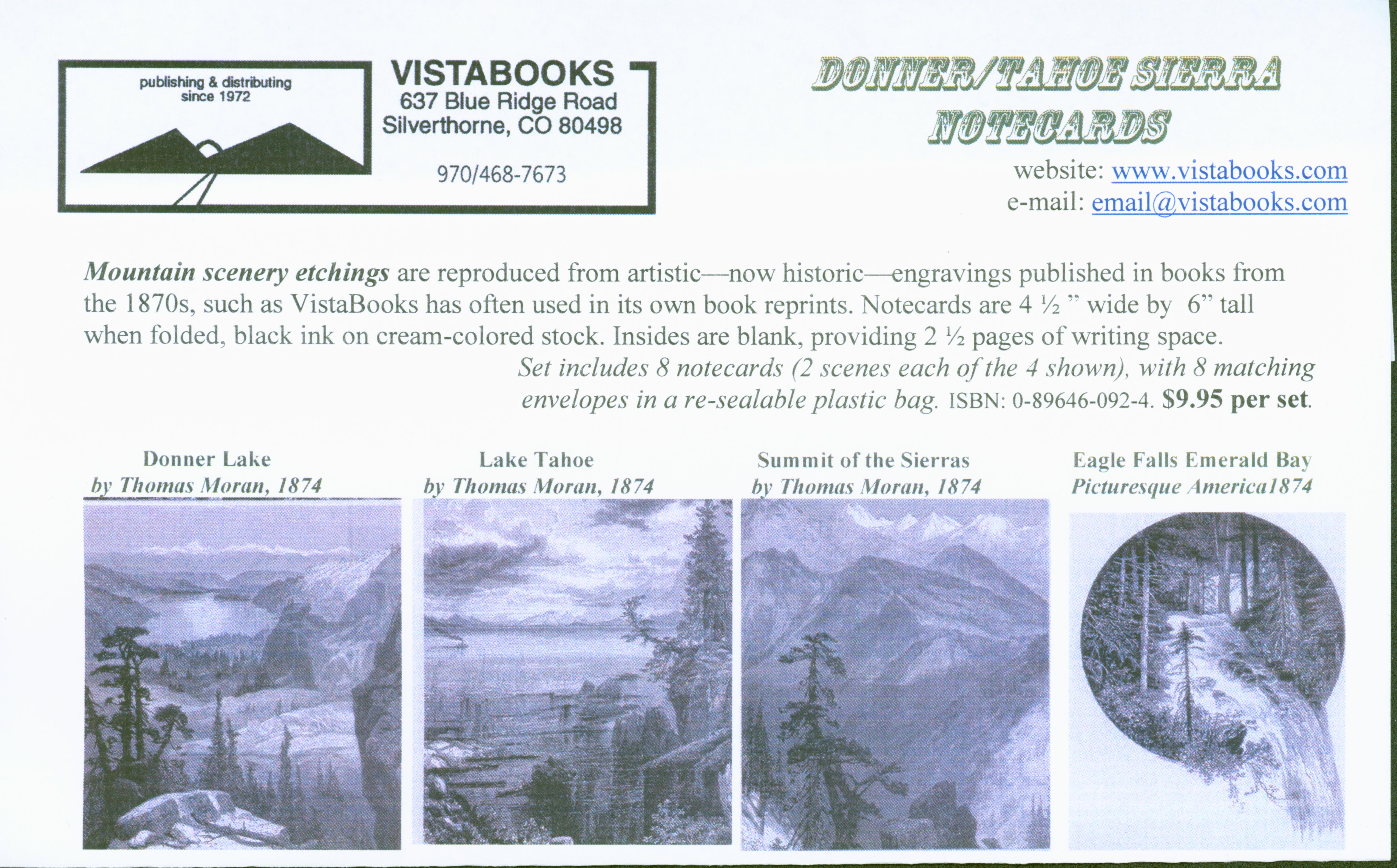 NOTECARDS--Donner/Tahoe Sierra (CA): Donner Lake, Lake Tahoe, Summit of Sierras, Eagle Falls. 